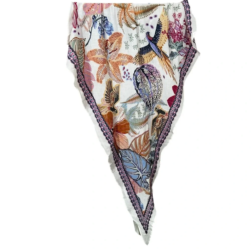 J. Jill White Multi Printed Stamp Scarf Bird Floral Botanical Square Fringed